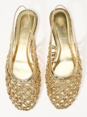 Zara Metallic Gold Woven Slingback Flats, Size 40 (US 9)